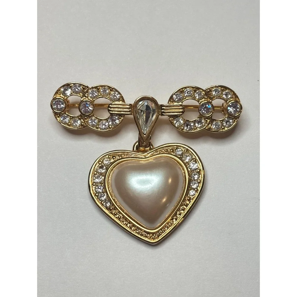 Vintage Richelieu Gold Tone Heart Brooch with Faux Pearl and Rhinestones